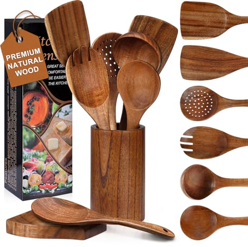 Unokit Cooking Utensils Set for Kitchen - 8 Piece Nonstick Natural Teak Wooden Spoons for Cooking, Comfort Grip Kitchen Utensils Set, Teak Wooden Utensil Set with Holder and Spoon Rest