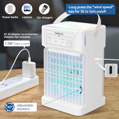 Portable Air Conditioner Cooling Fan, 1100ML Air Conditioning Unit with 3 Wind Speeds, Personal Air Cooler Fan with 7 LED Light, 2-8 Adjustable Timer, 3 Cool Mist Modes Ice Fan for Bedroom Car Office - 5