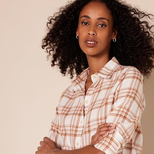 Image of Amazon Essentials Women's Regular-Fit Long-Sleeve Lightweight Plaid Flannel Shirt with Brushed Finish, Shirttail Hem