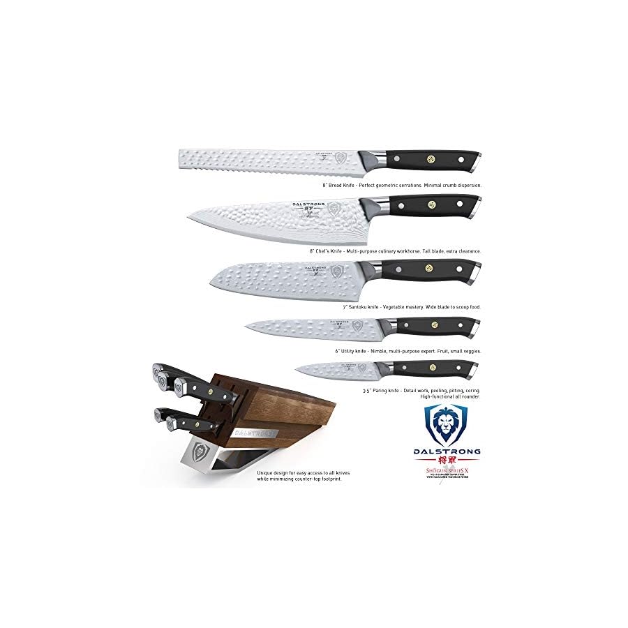 DALSTRONG-Knife-Block-Set-5-Piece-Shogun-Series-ELITE-AUS-10V-High-Carbon-Japanese-Super-Steel-Black-G10-Handles-Acacia-Wood-Stand-Kitchen-Knife-Set-Cutlery-Set-NSF-Certified DALSTRONG Knife Block Set - 5 Piece - Shogun Series ELITE - AUS-10V High-Carbon Japanese Steel - Black G10 Handles - Acacia Wood - Damascus - Kitchen Knife Set with Block - Professional Cutlery Set