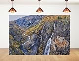 5x3ft Fabric Cliff Waterfall Canyon Backdrop Twin White Waterfall Golden Autumn Trees Rugged Rock Valley Background Tapestry Party Mountain Nature Decorations Banner Photo Booth Props