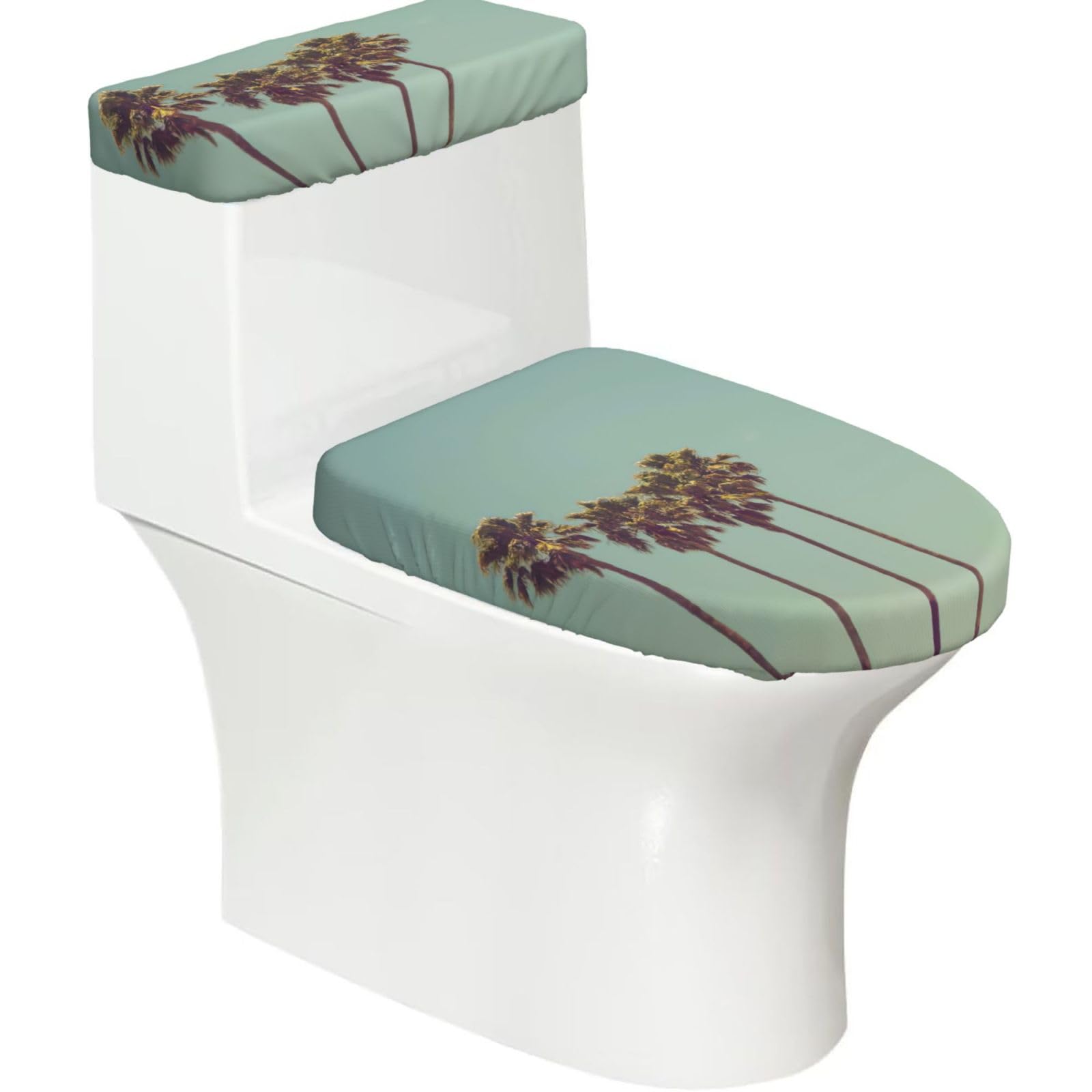 Palm Tree Print 2-Piece Stretch Toilet Cover Set, Elastic Breathable Toilet Seat and Tank Lid Protector