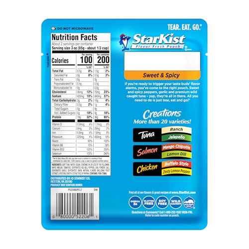 Image of StarKist Tuna Creations Sweet and Spicy, 6oz Pouch, 12-Pack | 18g Protein Per Serving, Wild Caught, Shelf Stable Seafood, Gluten Free, Soy Free, No Draining, Ready to Eat for Salads