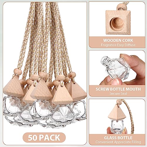 Image of Demissle 50 Pcs Hanging Car Air Freshener Car Diffuser Bottles Empty Glass Perfume Diffuser Bottles Pendant Bulk for Essential Oils Fragrance Aromatherapy Bottle Ornament(Diamond and Triangle)