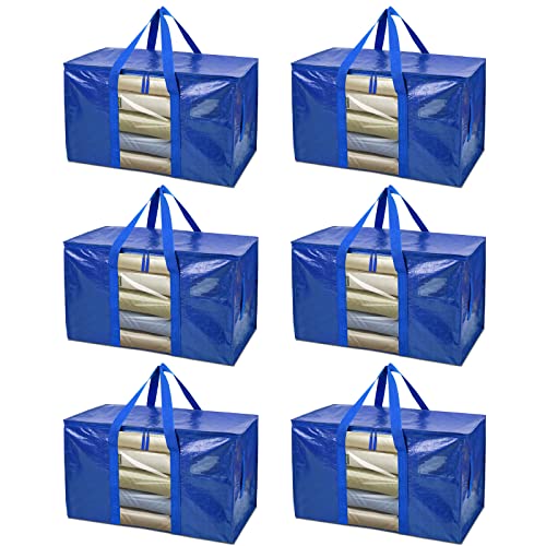 BALEINE 6-Pack Oversized Moving Bags with Reinforced Handles, Heavy-Duty Storage Tote Moving Supplies for Packaging, Camping (Blue w/Window, 6-Pack) 6-Pack Blue-window