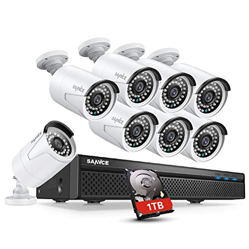SANNCE Cámara de Vigilancia NVR PoE 8 CH 5 MP con 1TB Disco Duro y Cámara IP PoE de 8X 2 MP para Exteriores Grabación 24 Horas al día,7 días a la Semana, Visión Nocturna por Infrarrojos Cover