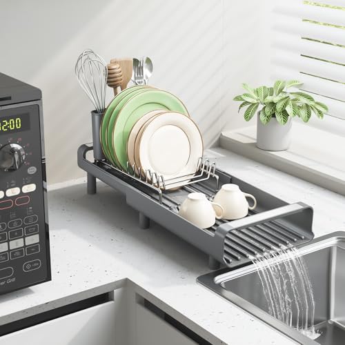 Image of Toolf Expandable Dish Rack, Compact Dish Drainer, Stainless Steel Dish Drying Rack with Removable Cutlery Holder, Anti Rust Plate Rack, Small Sink Drainer for Sink or Kitchen Countertop
