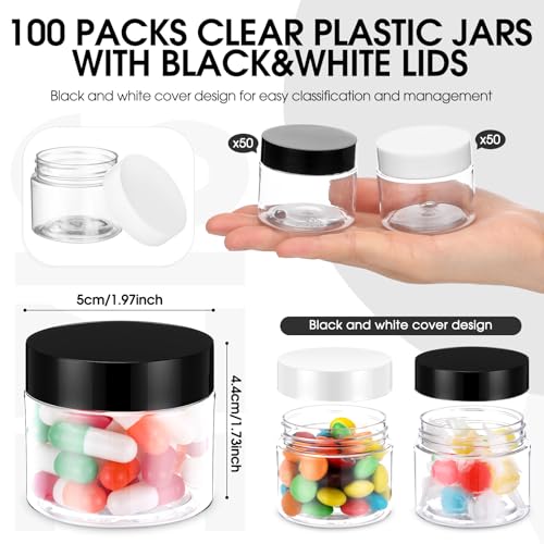 Meanplan 100 Pcs 2 oz Plastic Container Jars Clear Round Cosmetic Container with Lids, Plastic Jars with Screw Lids for Travel Storage, Kitchen Use, DIY Crafts(Black, White,PP)2