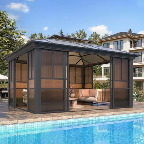 EROMMY 12x16 Sunroom Gazebo, Polycarbonate Roof Outdoor Solarium with Sliding