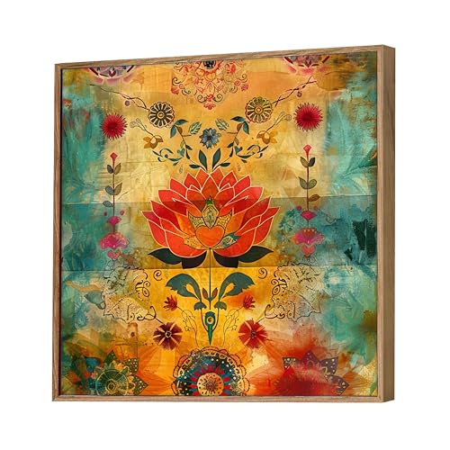 Image of Colorful Vastu Lotus Framed Canvas Wall Art Painting for Living Room | Bohemian Floral Artwork Painting with Frame | Modern Spiritual Wall Decor for Home, Bedroom & Office, 23x23 Inch