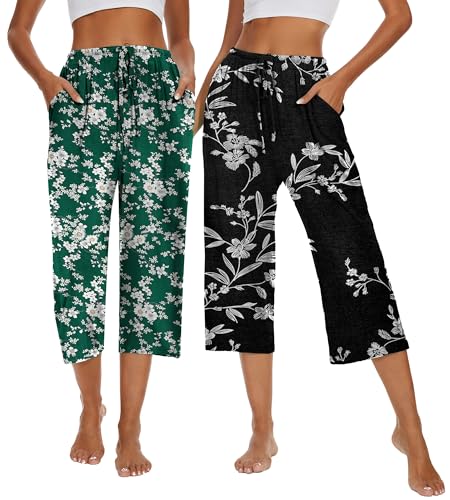 Image of Kabento 2 Pack Womens Pajama Pants Capri Sleep Lounge Pants Drawstring Pj Bottoms with Pockets