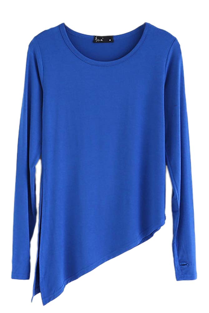 Angcoco Women's Blue Side Slit Latin Dance Top Salsa Dancing Dress Ballroom Dance Shirt