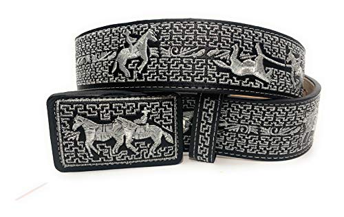 Men's Western Embroiderer Cowboy Rodeo Belt, Cinto Charro Bordado Cinto Suertes Charras Vaquero Plateado