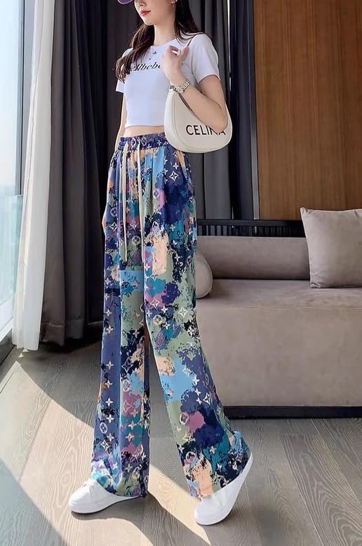 Image of Celary Women's Printed Palazzo Pants - Silk Blend High Waist Wide Leg Trousers | Elastic Waist Relaxed Fit Casual Flowy Pants for Travel, College, Office