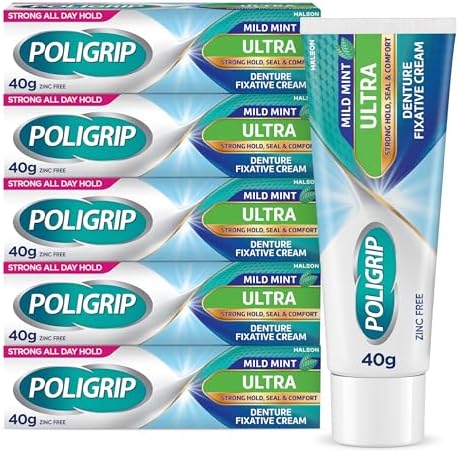 Poligrip Denture Adhesive Cream, False Teeth and Partials Fixative, Ultra, 40 g (Pack of 5)