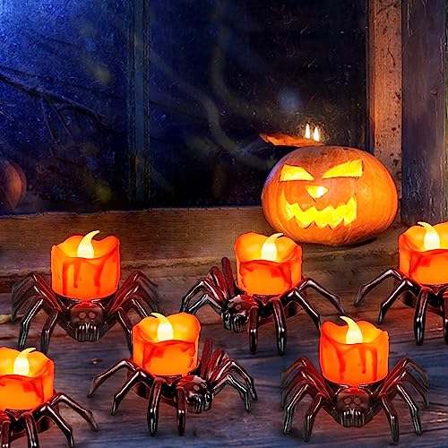 6 PCS Halloween Tea Lights Candles, Battery Operated Halloween's Flameless LED Candles, Spider Tealights Spooky Electric Flickering Fake Candle for Halloween Party Decorations2