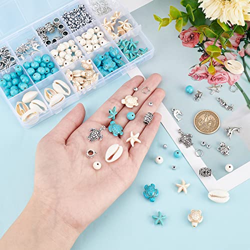 PH PandaHall Oceans Jewellery Making Kit, 292pcs Starfish Shell Beads Turtle Charms Blue Winter Beads Mermaid Dolphin Pendants for Christmas Jewellery Making Bracelet Earrings Necklace Craft