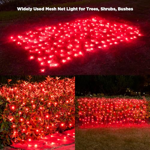 Image of Led Net Lights Christmas Lights Outdoor 200Leds 9ft x 6ft Upgraded Red Christmas Net Lighting, Waterproof 5mm LED Wide Angle Outdoor Indoor Mesh Net Light for Trees, Bushes, Shrubs Decorations