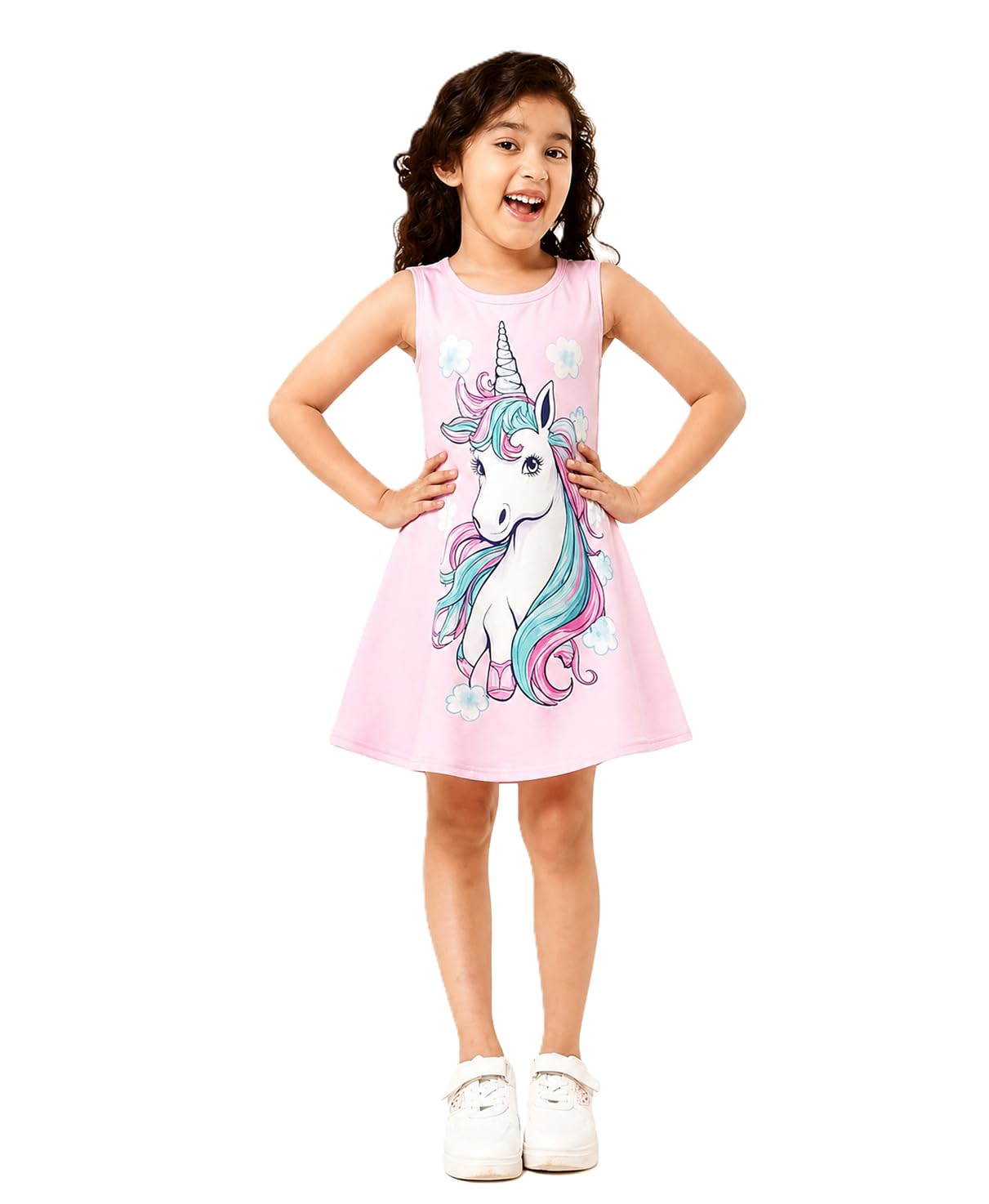 A.T.U.N. (ALL THINGS UBER NICE) Vestido para niña con estampado de unicornio, largo hasta la rodilla, elegante vestido tradicional de princesa para el día a día