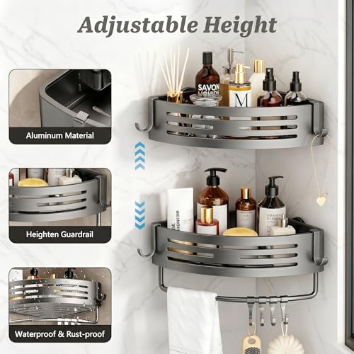 Corner-Shower-Caddy-Suction-Cup-2-Pack-Shower-Shelves-Gray-No-Drilling-Aluminum-Alloy-Shower-Organizer-Rustproof-Bathroom-Storage-Rack-with-Towel-Bar-Hooks