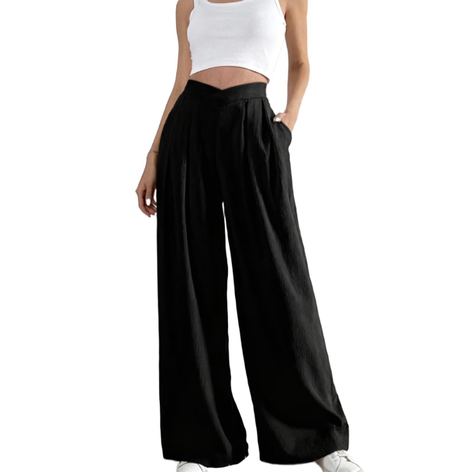 Gaucho Pants for Women Wide Leg Crossover Casual Comfy Elastic Waist Loose High Waist Cargo Lounge Pant