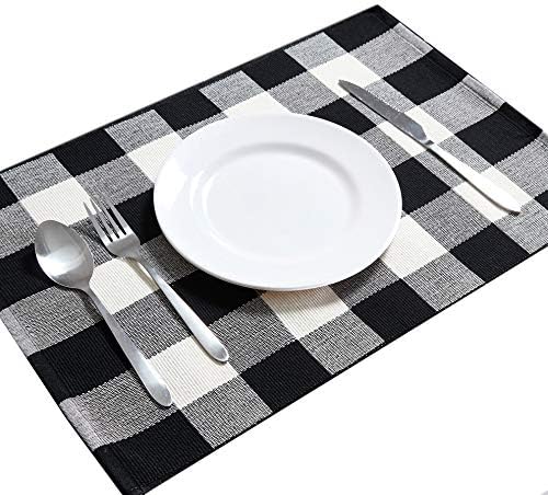 DOLOPL Placemats Buffalo Check Black and Off White Placemats Set of 6 Easy to Clean Machine Washable Heat Resistant Farmhouse Table Mats for Dining Kitchen Table(Cotton)