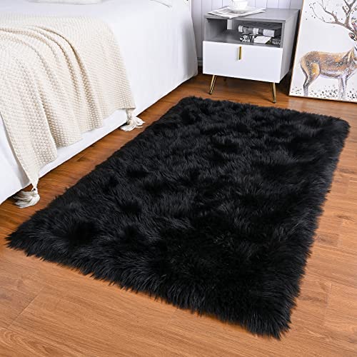 Benron Faux Fur Area Rug - 2' X 3' Black Fluffy Rug Washable Sheepskin Rug White Fur Rug Ultra Soft Chair Seat Covers Throw Rug Pads Small Rugs For Bedroom Living Room Fireplace Decor #TOP6