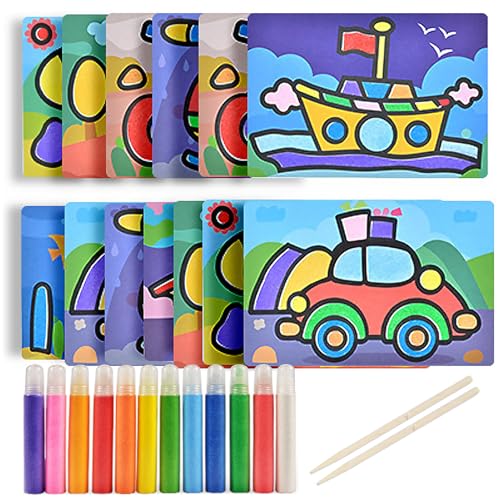 Barlone Sandbilder Kinder, Sandbild Bastelsets für Kinder, Sandmalerei Knetsand Kreativ Bastelset mit 12 Flaschen Farbsand 12 Blatt Sandkunst-Malkarten, Kindergeschenk ab 8 Jahren