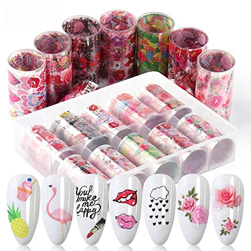 Dufy 10 Roll Nail Foil Transfer Stickers Nail Art Decals, Red Lips Romantic Rose Nail Art Supplies, Summer Fashion Nail Art Stickers Flower Nail Flamingo Heart Pattern for DIY Nail Art