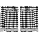 Woven Trends Designer Home Window Panel Curtain Tier Pair Kitchen Drape Plaid Gingham Checked Black...