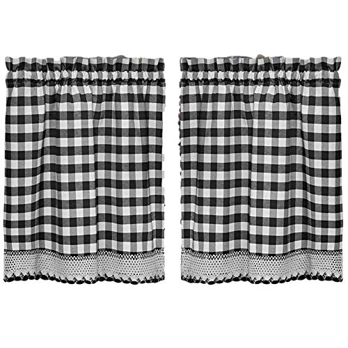 Woven Trends Designer Home Window Panel Curtain Tier Pair Kitchen Drape Plaid Gingham Checked Black Checkered Panel