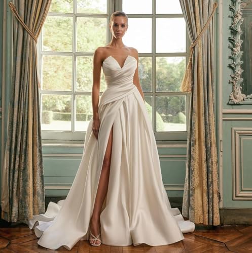 Changuan Strapless Satin Prom Dresses for Women 2025 Ruched Wedding Dress Long Ball Gown A-line Formal Gowns with Slit2