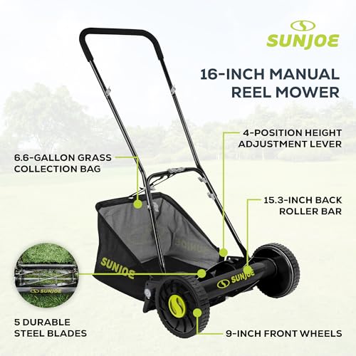 Image of Sun Joe Manual Push Reel Lawn Mower with 6.6-Gal Grass Catcher, 16-Inch Cutting Width - Heavy-Duty Yard Trimmer Machine for Gardening Care and Maintenance, MJ500M