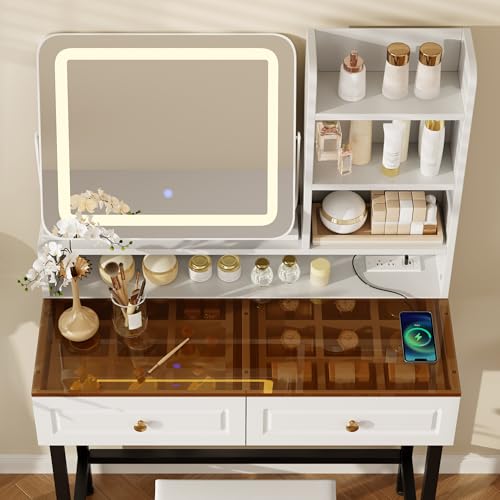 Runboll White Vanity Set with Stool and LED Lighted Mirror, Makeup Vanity Dresser with Power Outlet, Dressing Table with 2 Drawers and Shelves, Vanity with Storage and Amber Glass Top for Bedroom - Image 8