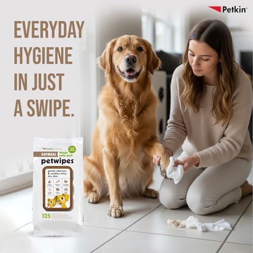 Image of Petkin Oatmeal Mega Valu-Pack Petwipes for Dogs and Cats, Wipes Away Daily Dirt and Odor, Cleans Face, Ears, Body and Eye Area, Super Convenient, Ideal for Home or Travel 125 Wipes | Oatmeal Mega Pet Wipes