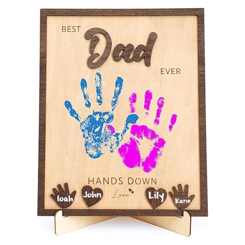 NELXI Best Dad Ever Gifts - Personalized Wooden Handprint Keepsake Frame, DIY Handprint Kit for...