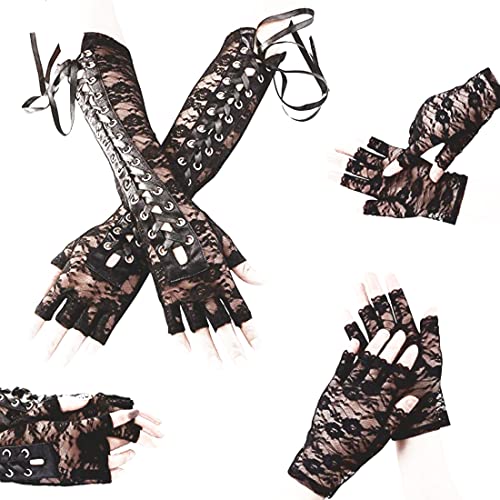 Guante Steampunk de encaje Guantes sin dedos encaje negro Encaje 2 pares Guantes largos mujer con cordones Guantes de raso de encaje negro Guantes negros de encaje para fiestas temáticas y outfits Cover