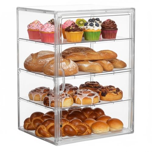 Bigingjia Bread Bin, Clear Bread Bins for Kitchen,4 Layers Adjustable Bread Box with Lid,Bread Storage Container with Door– Large Transparent Bakery & Pastry Display Case for Loaves, Cakes, Muffins