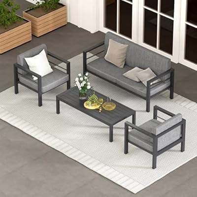 HOWSVN 4 Piece Modern Aluminum Patio Furniture Set, Outdoor Metal Seating Sets, Patio Sectional Conversation Set with Soft Cushion and Coffee Table (4 Piece Set)