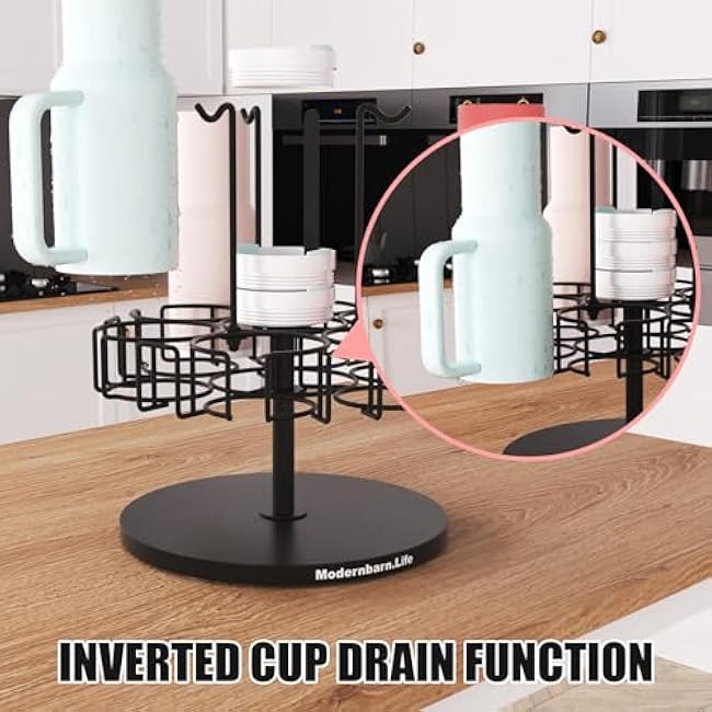 Water Bottle Organizer for Cabinet or Counter - Rotating Non-Slip Tumbler Organizer Holder for Stanley 40 Oz Cup with Handle - 2-In-1 Tumbler Display Storage Rack & Water Bottle Drying Rack - Black