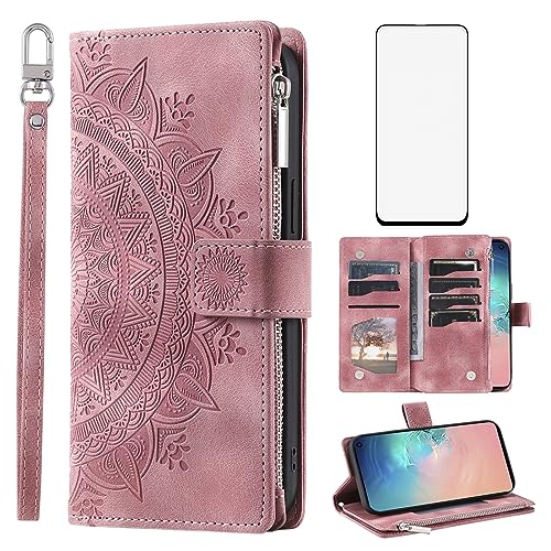 Coque Samsung S10e avec fermeture éclair portefeuille et protège-écran verre trempé