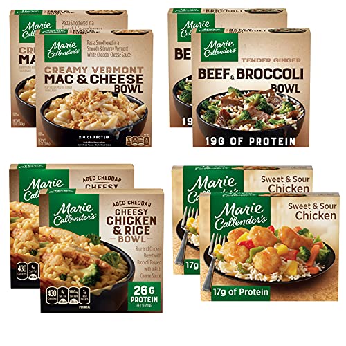Gourmet Kitchn Marie Callender's Party Pack - Aged Cheddar Cheesy Chicken and Rice Bowl, Creamy Vermont Mac & Cheese Bowl,Tender Ginger Beef Broccoli Sweet Sour (8 ( 2 of Each ))