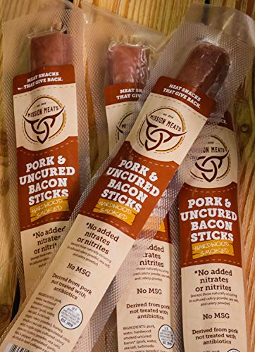 Mission Meats Hardwood Smoked Bacon Pork Sticks Antibiotic Free Gluten Free MSG Free Nitrate Nitrite Free All Natural Premium Pork Sticks (24 count)