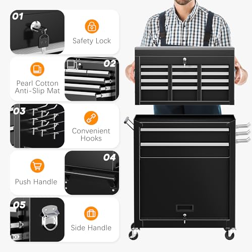 Pataku 8 Drawer Tool Chest with Wheels, 2-in-1 Detachable Rolling Tool Box with Drawers, Large Tool Cart on Lockable Wheels, Metal Tool Cabinet for Garage/Workshop(Black)