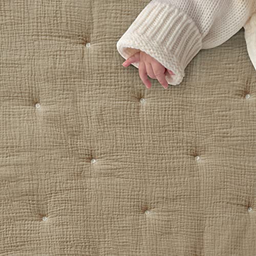 Image of Levtex Baby - Cloud Muslin Crib Bed Set - Baby Nursery Set - Cacao and Beige Stars - Grey Textured Muslin - 5 Piece Set Includes Quilt, Fitted Sheet, Two Swaddles & Bear Lovey