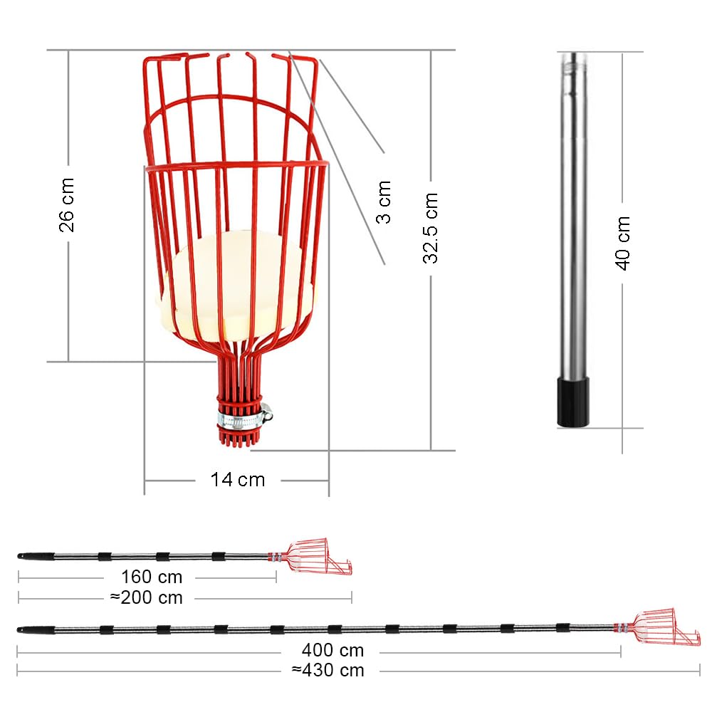 Recogedor de Frutas Telescopico 4.3M, Recoge Frutas Telescopico Acero Inoxidable, Recogedor Fruta Jardin, Recoge Frutas de Manzanas, Herramientas Recolectar de Higos Limón Cerezas Árbole Ø 145mm