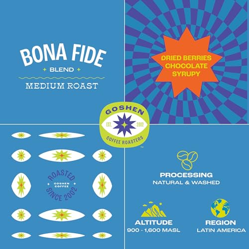 Goshen Coffee Roasters Whole Bean Bona Fide Blend | Medium Roast, Brewed or Espresso | Award-Winning, Natural and Washed | Chocolate, Syrupy, Dried Berry Flavors | 12 Oz Bag
