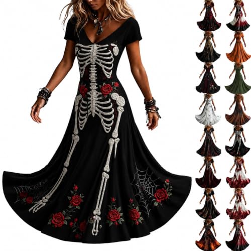XOGWVJ Halloween Dresses for Women Skeleton Print Gothic Maxi Dress Short Sleeve Costume Party Outfit Renaissance Medieval christmas party dresses for women Black XS - image 1