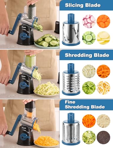 Image of Geedel Rotary Cheese Grater Hand Crank, Cheese Shredder Vegetable Slicer | 5 Blades, 430 Stainless Steel, 12x Fast Cutting, Strong Suction Base, No BPA, Dishwasher Safe, for Cheese, Veggie, Nut