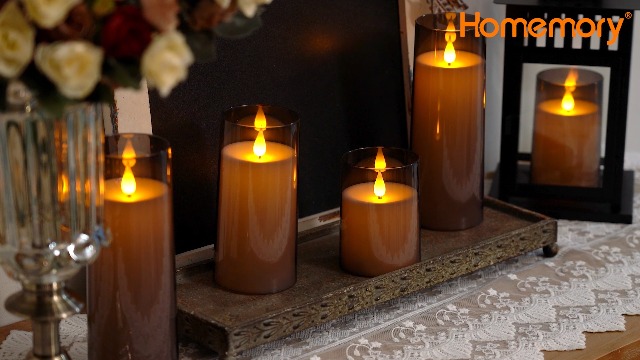 Image of Homemory Gray Flickering Flameless Candles, Battery Operated Acrylic LED Pillar Candles with Remote Control and Timer, Halloween Decor, Set of 5